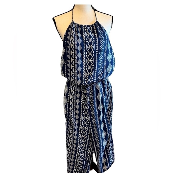 Lulus Pants - Lulu's Jumpsuit Sparrow Blue White Aztec Print Crop Length Halter Tie size Large